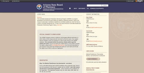 Arizona State Pharmacy Board Controlled Substance Prescription Monitoring Program home page