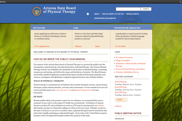 Arizona State Board of Physical Therapy Website Homepage