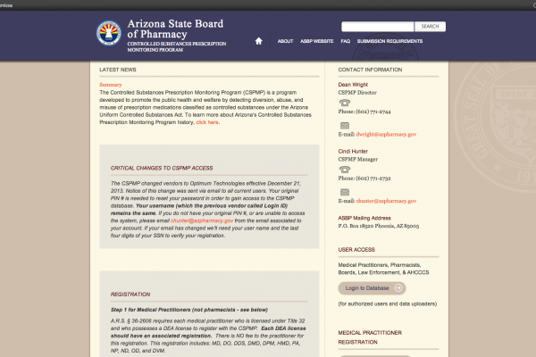Arizona State Pharmacy Board Controlled Substance Prescription Monitoring Program home page