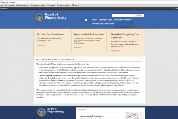 Arizona State Board of Fingerprinting homepage